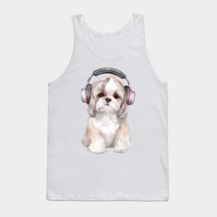 Watercolor Shih Tzu Dog with Headphones Tank Top